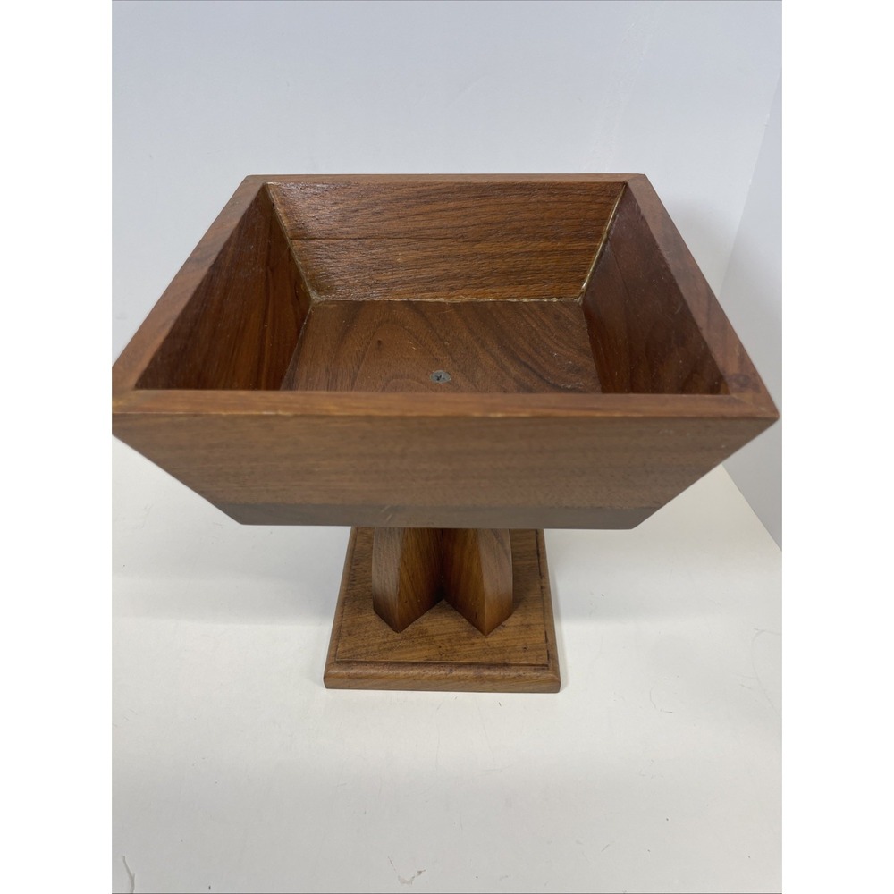 Vintage Wooden Pedestal Bowl Centerpiece Compote Retro MCM 7.5" Tall 7.5" Square